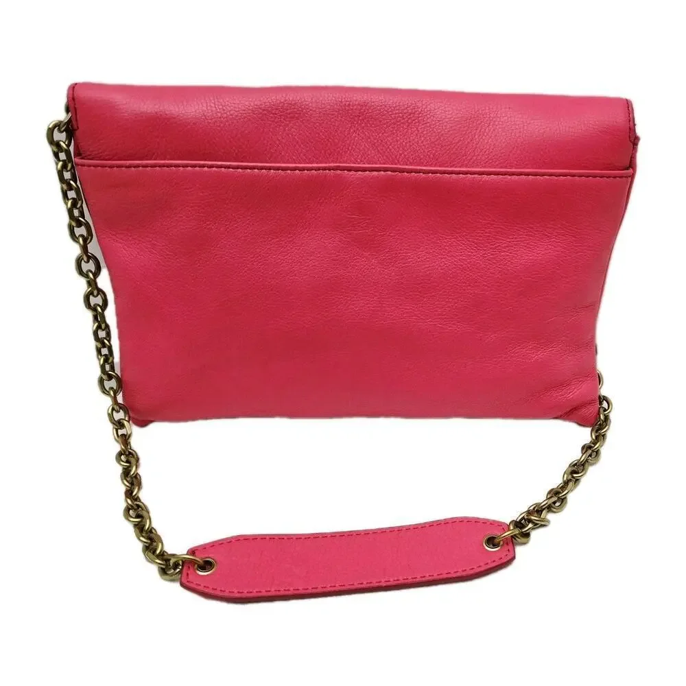 J. Crew Hot Pink Leather Invitation Bag Clutch Envelope Shoulder Purse w/Chain